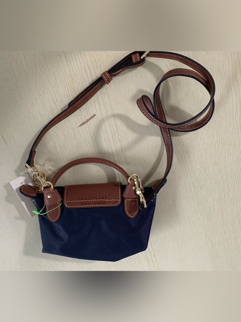 Longchamp Navy Crossbody with Brown Leather Trim